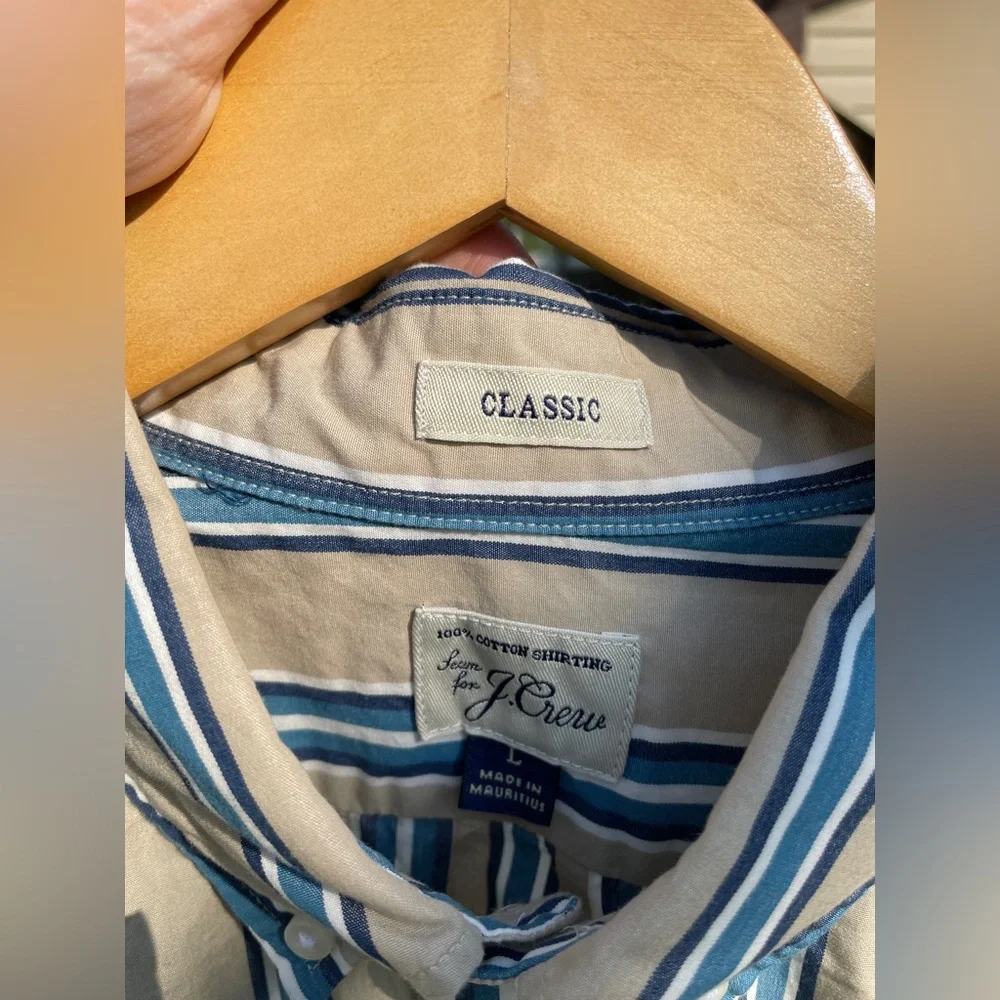 J.Crew Men’s Classic Long Sleeve‎ Striped Button Down Shirt LARGE Tan Cotton